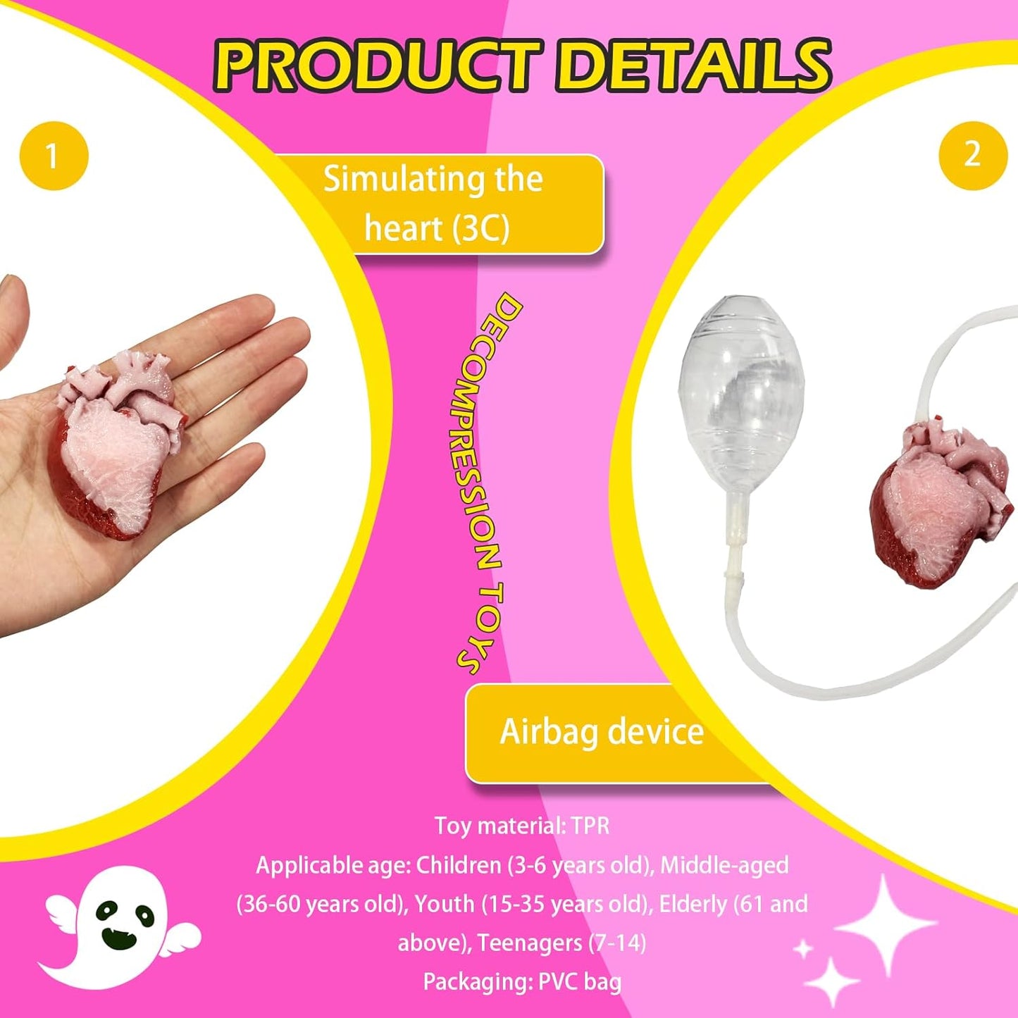 2Pcs Taba Squishy Heart - Realistic Beating Heart Prank Toy, Halloween Sensory Fidget Gift for Adults & Teens, Stress Relief Squishy for Kids Party Pranks & Anxiety Relief