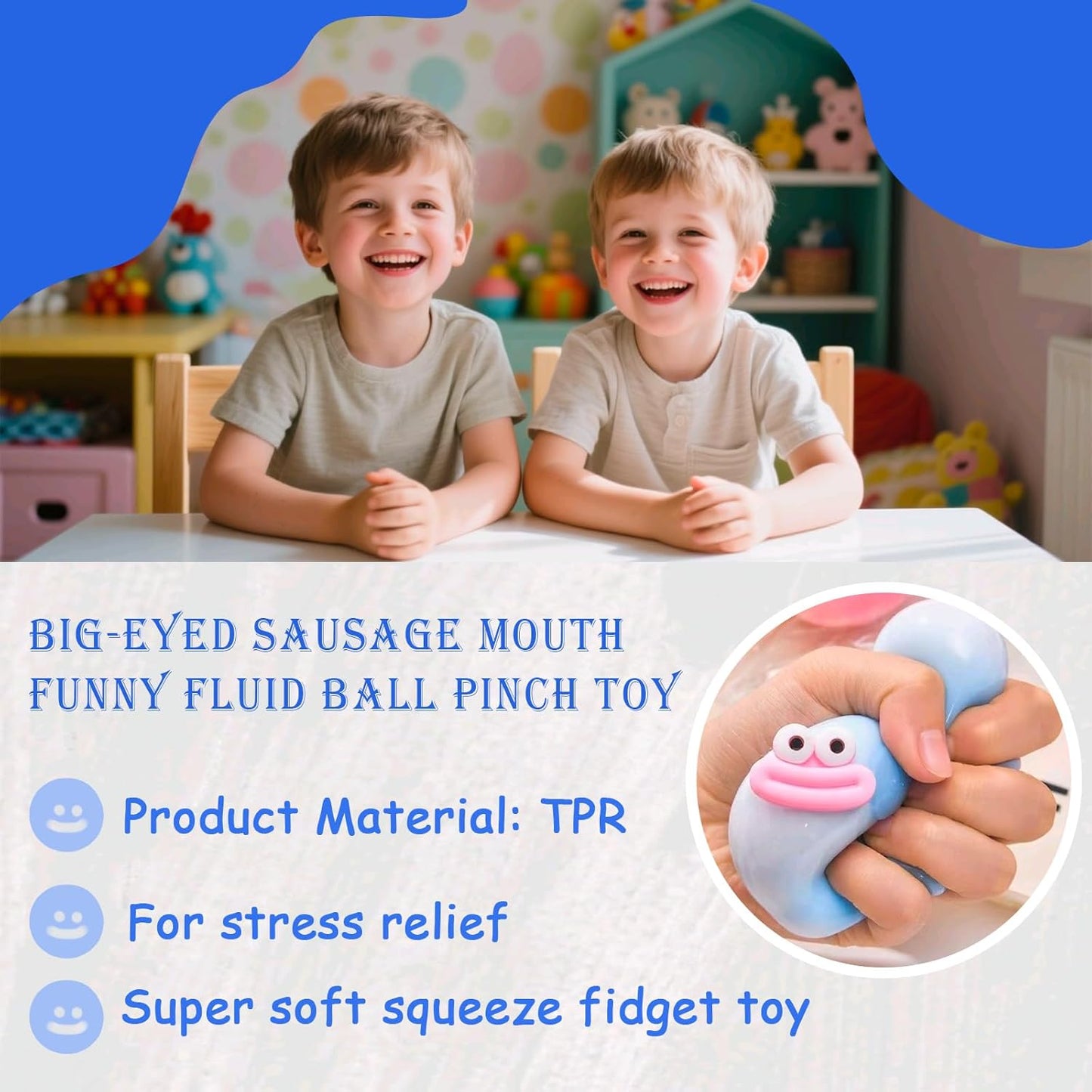 Cute Taba Squishy Fidget Toys for Kids & Adults - Giant Stress Ball with Big Eyes & Sausage Lips, Funny Prank Gifts, Party Supplies, Game Prizes (Blue)
