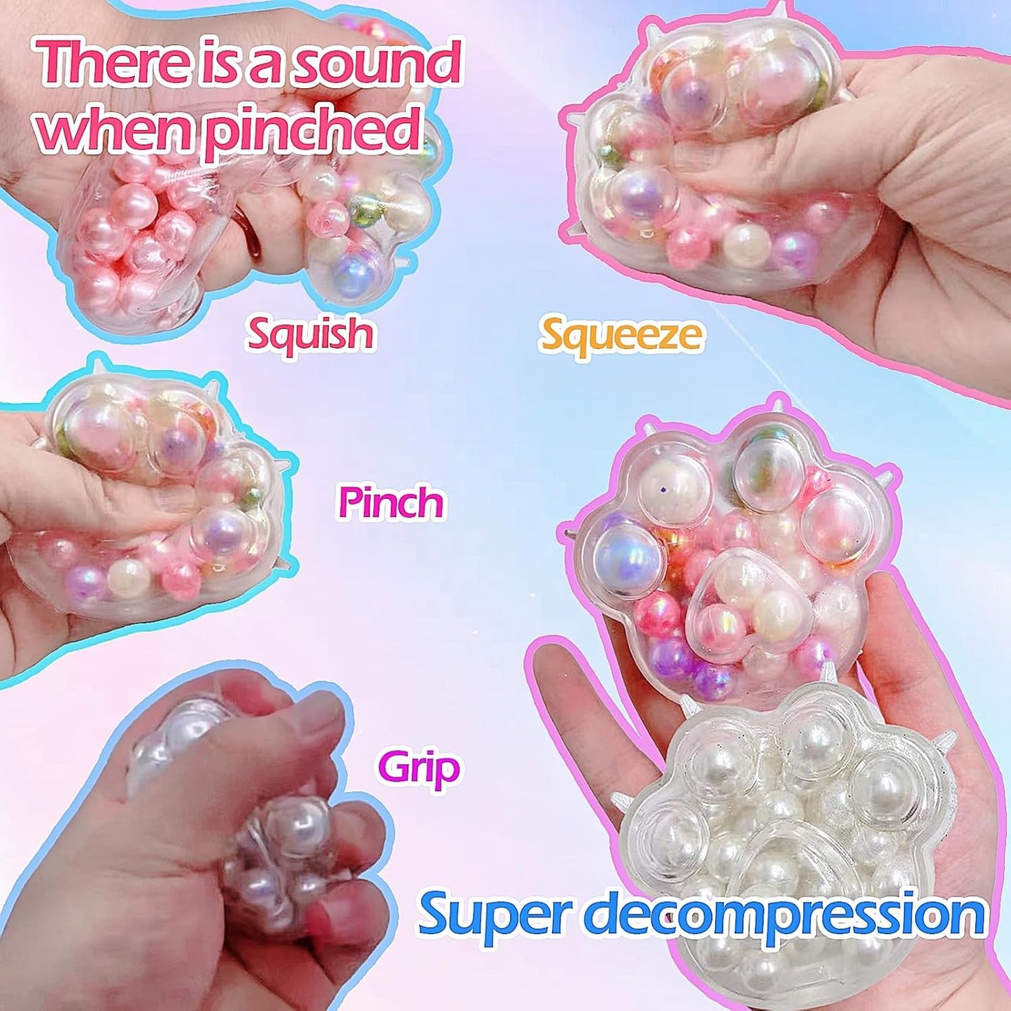 2 Pcs Handmade Grape Noisy Squishy Ball for Adults, Colorful and White Beads Cat Paw Sensory Fidget Toys for Kids Stress Relieve Squeeze Toys